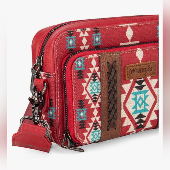 Wrangler Crossbody Bag Boho Aztec Small MultiPocket Crossover Purse, Burgundy - Picture 3 of 10
